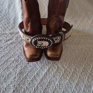 Kids Brown Leather Western Boots With Embroidery Hourse Design